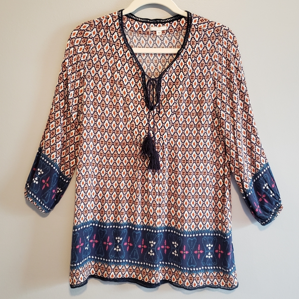 Pleoine Anthropologie Patterned 3/4 Sleeve Tunic with Tassels